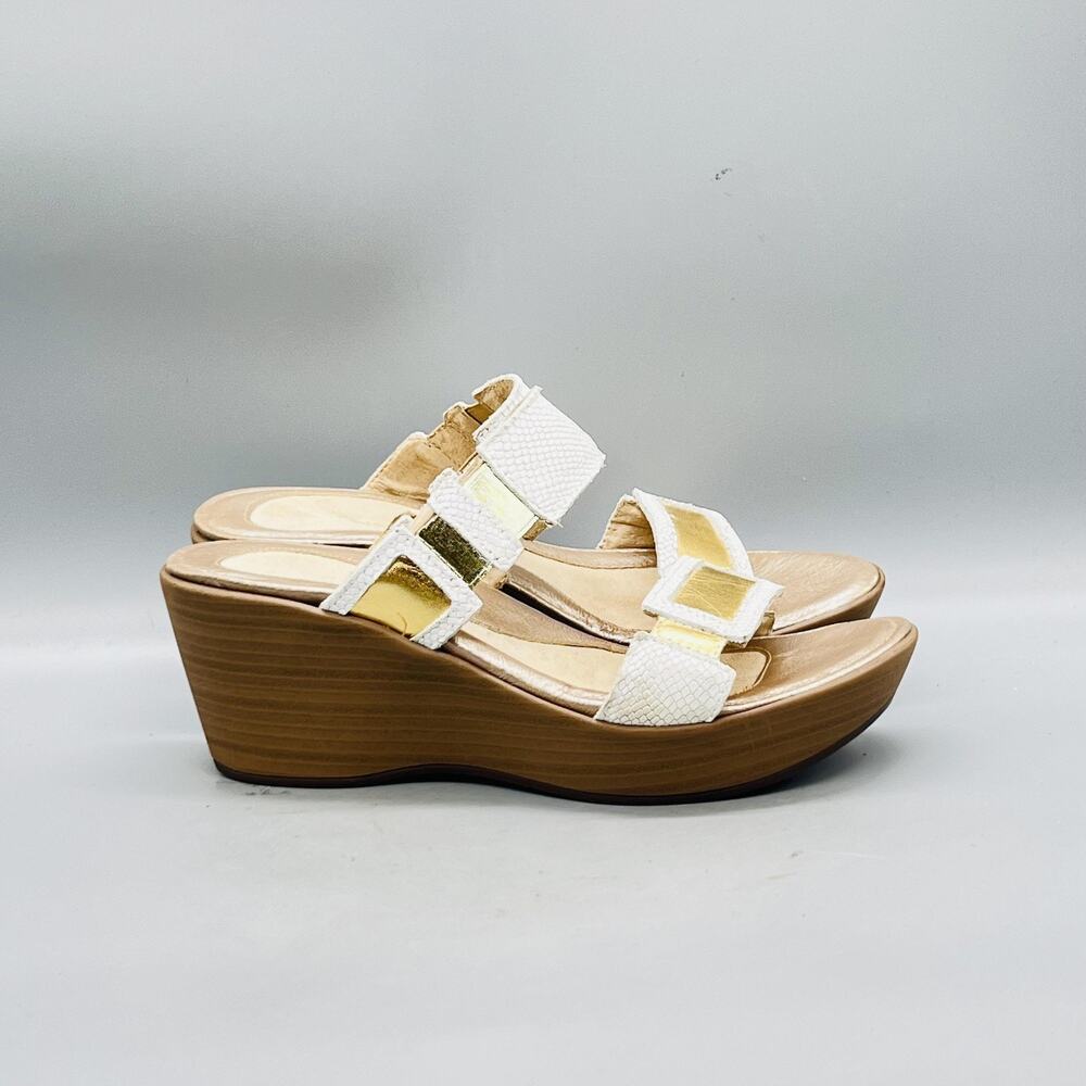 Naot Sandals Womens 7 White Gold Leather Hook & Loop Slide Wedge Comfort Shoes
